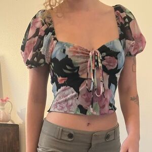 Floral Tie-Front Puff Sleeve Crop Top - Pink Floral